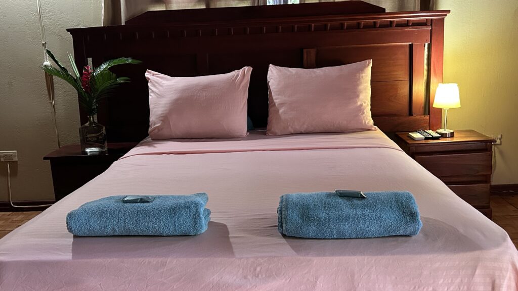 A cozy bedroom with a wooden headboard, pink bedding, and neatly placed blue towels.